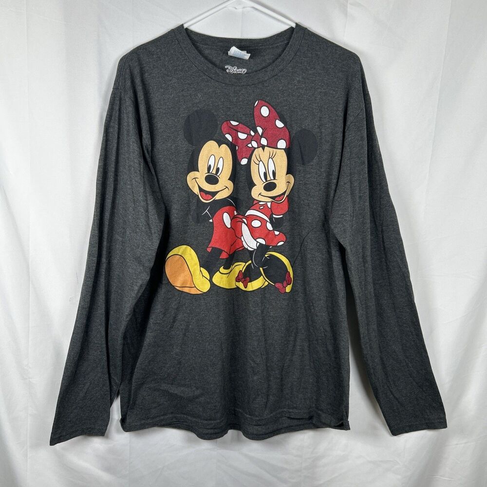 Disney Mickey and Minnie Gray Long Sleeve T-Shirt Women’s Large Print Rung Spun